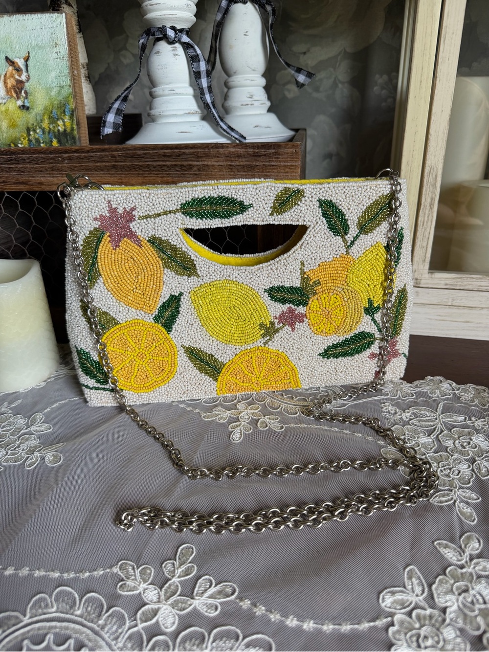 America & Beyond Beaded White & Yellow Lemon Crossbody Bag Purse